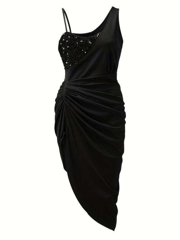 Sequined Ruched Asymmetrical Dress Sleeveless Bodycon Dress