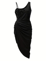 Sequined Ruched Asymmetrical Dress Sleeveless Bodycon Dress