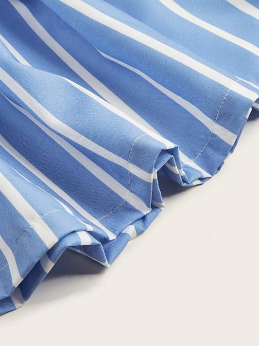 Striped Lace Up Long Dress Short Sleeve V neck Swing Belt Summer Long Dresses
