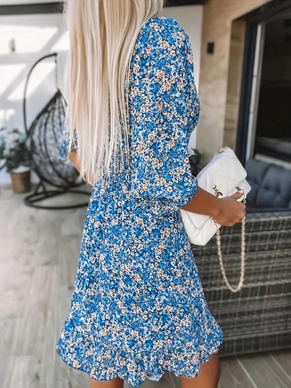 Women's Floral Print Ruched Waist V Neck Boho Dress