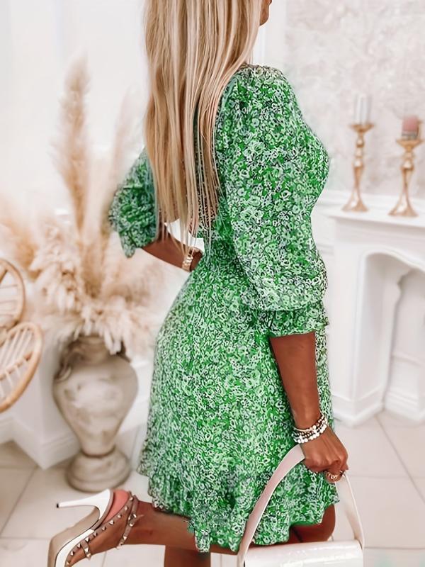 Women's Floral Print Ruched Waist V Neck Boho Dress