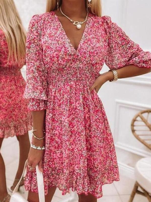 Women's Floral Print Ruched Waist V Neck Boho Dress