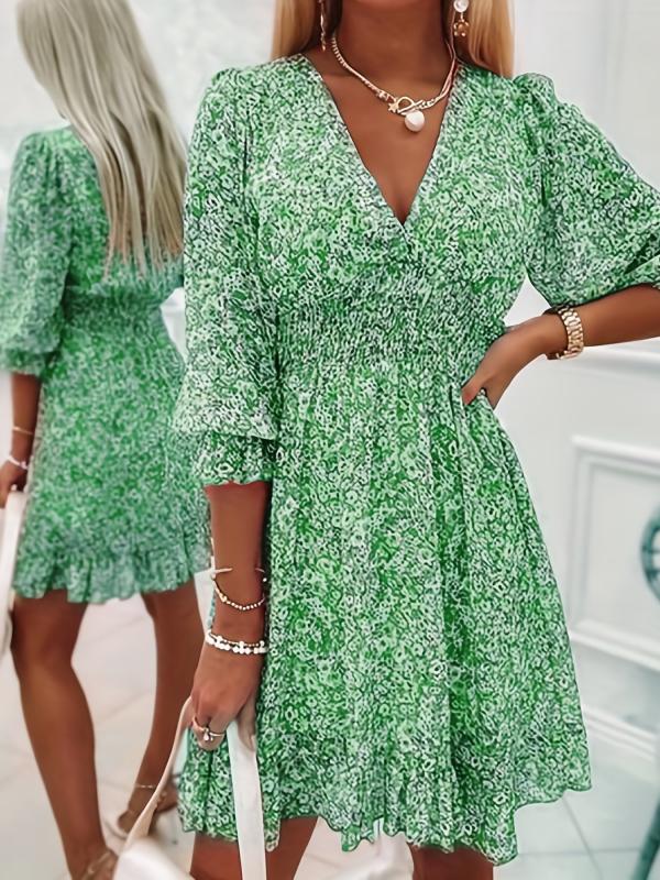 Women's Floral Print Ruched Waist V Neck Boho Dress
