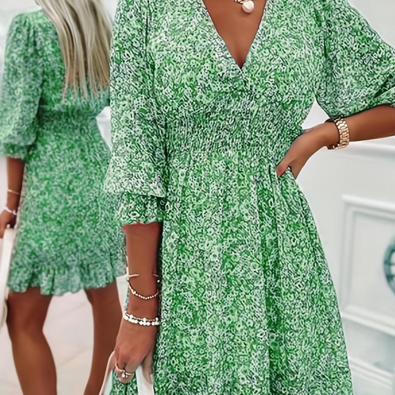 Women's Floral Print Ruched Waist V Neck Boho Dress