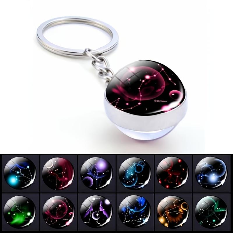 Zodiac Constellations Charms Keyring Crystal Ball Key Chain Rings