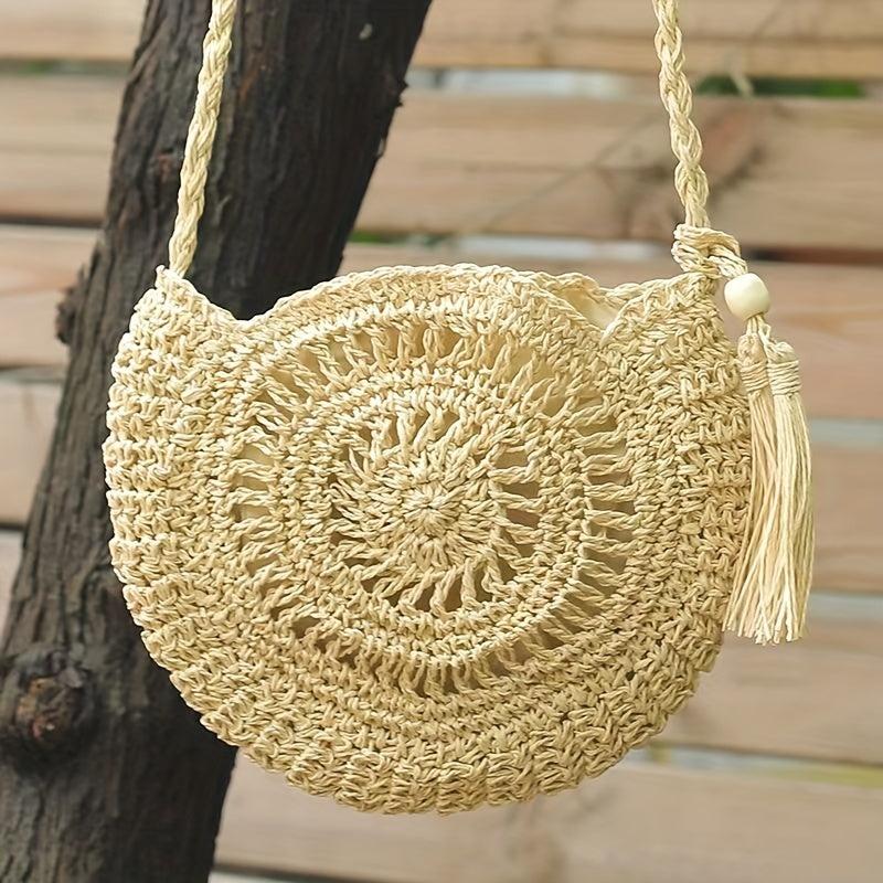 Straw Beach Bag Tassel Decor Crossbody Bag BoHo Style Hollow Bag