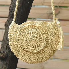 Straw Beach Bag Tassel Decor Crossbody Bag BoHo Style Hollow Bag