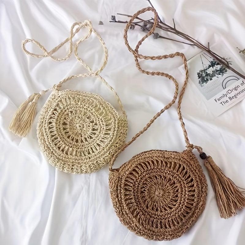 Straw Beach Bag Tassel Decor Crossbody Bag BoHo Style Hollow Bag