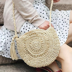 Straw Beach Bag Tassel Decor Crossbody Bag BoHo Style Hollow Bag