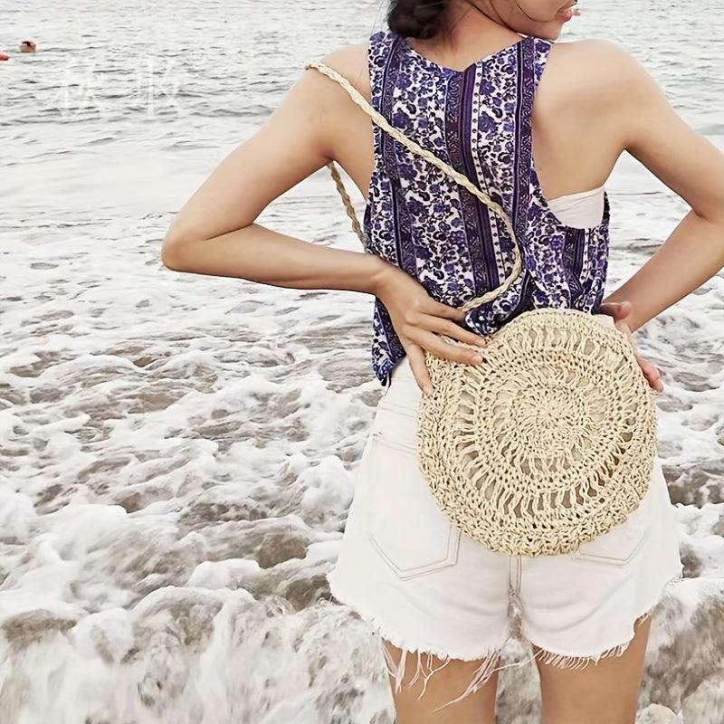 Straw Beach Bag Tassel Decor Crossbody Bag BoHo Style Hollow Bag