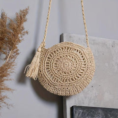 Straw Beach Bag Tassel Decor Crossbody Bag BoHo Style Hollow Bag