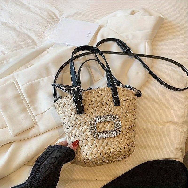 Rhinestone Straw Satchel Bag Lightweight Minimalist Crossbody Bag