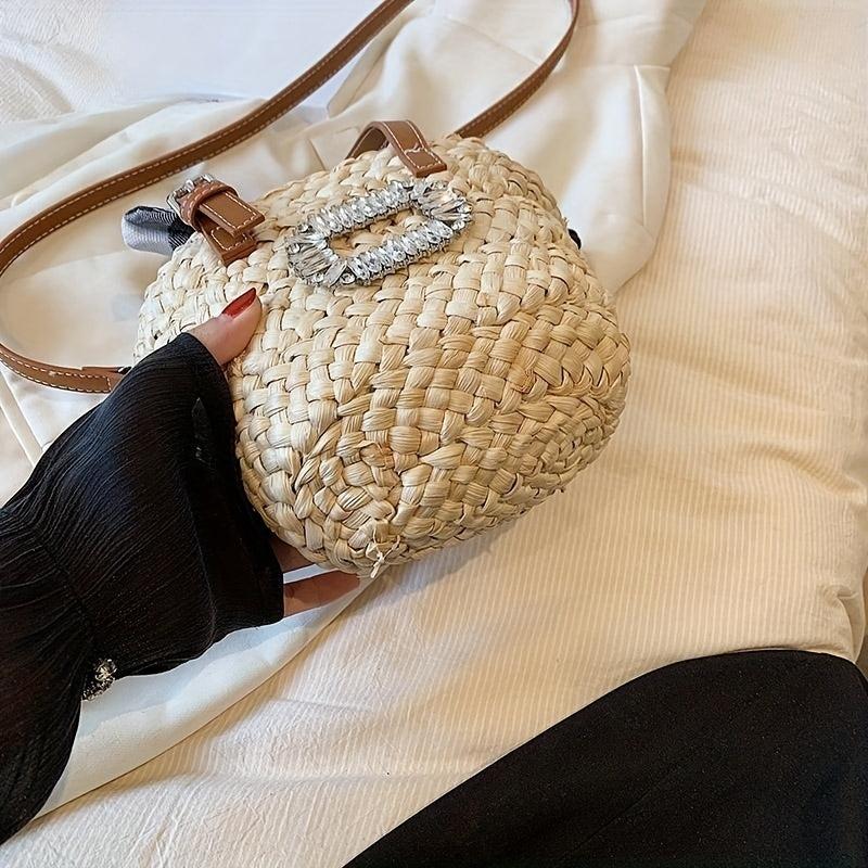 Rhinestone Straw Satchel Bag Lightweight Minimalist Crossbody Bag