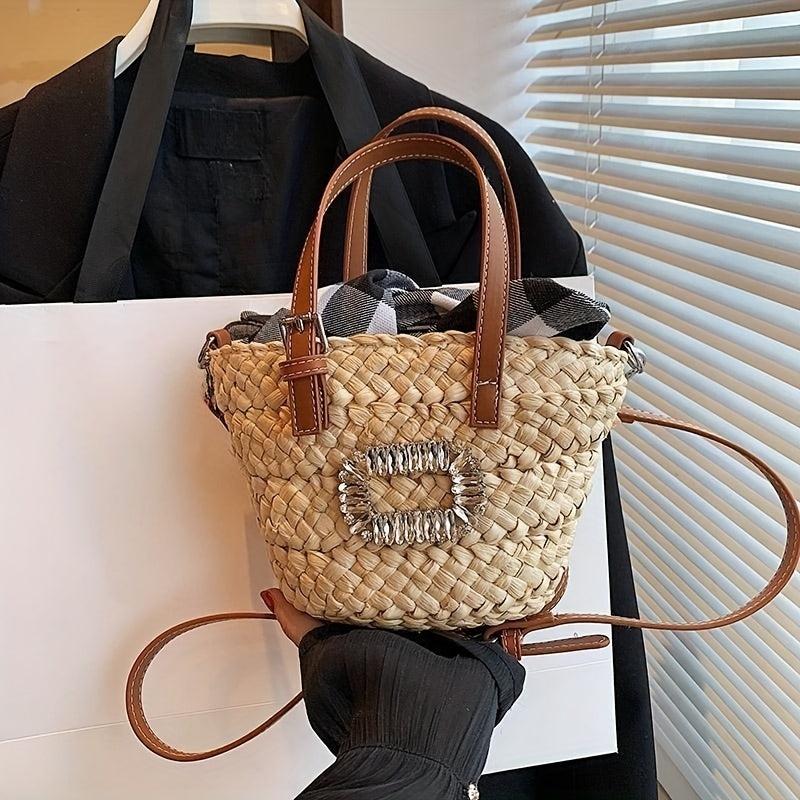 Rhinestone Straw Satchel Bag Lightweight Minimalist Crossbody Bag