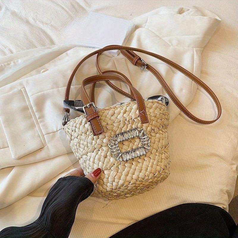 Rhinestone Straw Satchel Bag Lightweight Minimalist Crossbody Bag