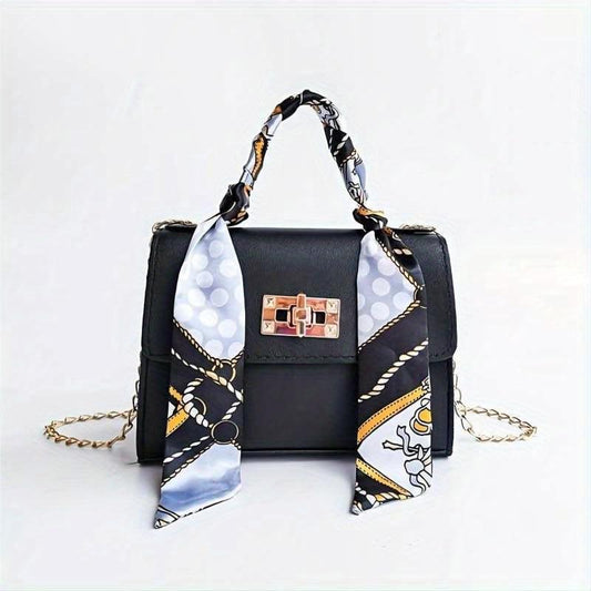Mini Chain Crossbody Bag Scarf Decor Handbag Solid Shoulder Bag