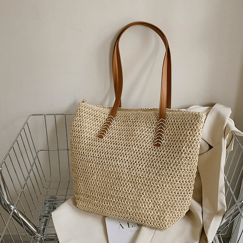 Large Straw Tote Bag Minimalist Woven Holiday Travel Storage Bag