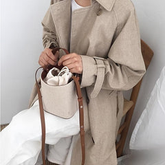 Colorblock Barrel Bag Crossbody Handbag with Drawstring Pouch