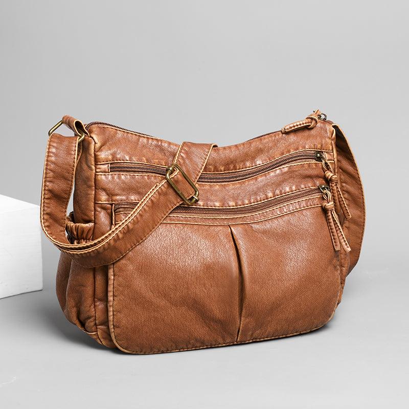 Retro Crossbody Bag Pockets Shoulder Bag Washed Leather Purse For Women