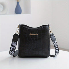 Crocodile Pattern Bucket Bag Wide Strap Shoulder Bag Women's Crossbody Purse