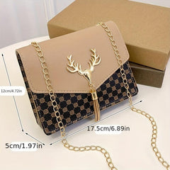 Tassel Deer Decor Crossbody Bag Chain Shoulder Bag Women's Printed Square Purses
