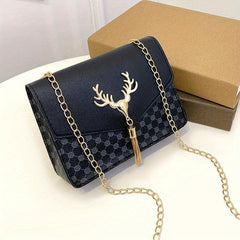 Tassel Deer Decor Crossbody Bag Chain Shoulder Bag Women's Printed Square Purses