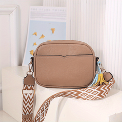 Vegan Leather Crossbody Bag with Tassel - Square Purse with Ethnic Strap