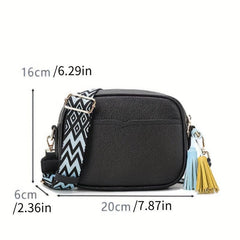 Vegan Leather Crossbody Bag with Tassel - Square Purse with Ethnic Strap