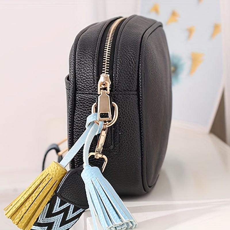 Vegan Leather Crossbody Bag with Tassel - Square Purse with Ethnic Strap