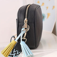 Vegan Leather Crossbody Bag with Tassel - Square Purse with Ethnic Strap