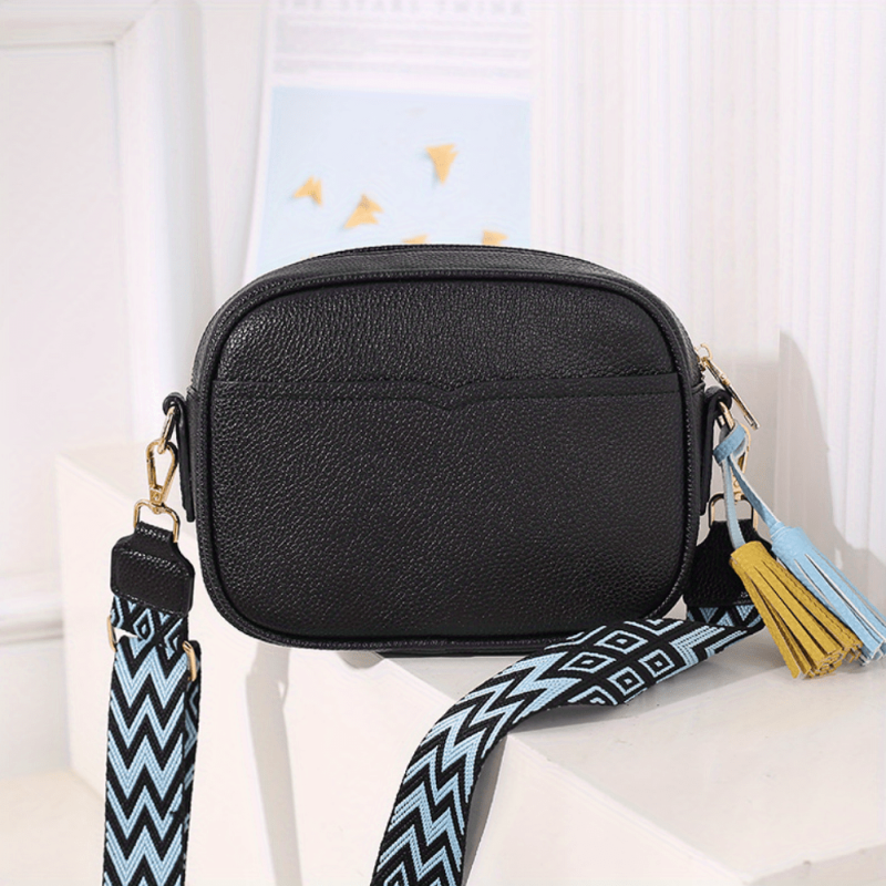 Vegan Leather Crossbody Bag with Tassel - Square Purse with Ethnic Strap