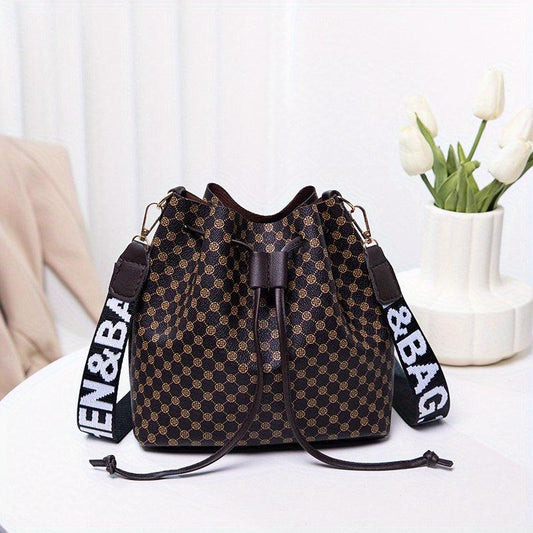 Vintage Geometric Pattern Bucket Bag Drawstring Shoulder Bag