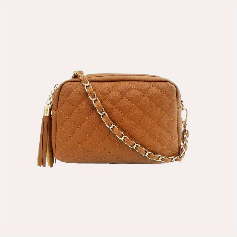 Argyle Quilted Crossbody Bag Chain Shoulder Bag Tassel Square Purse