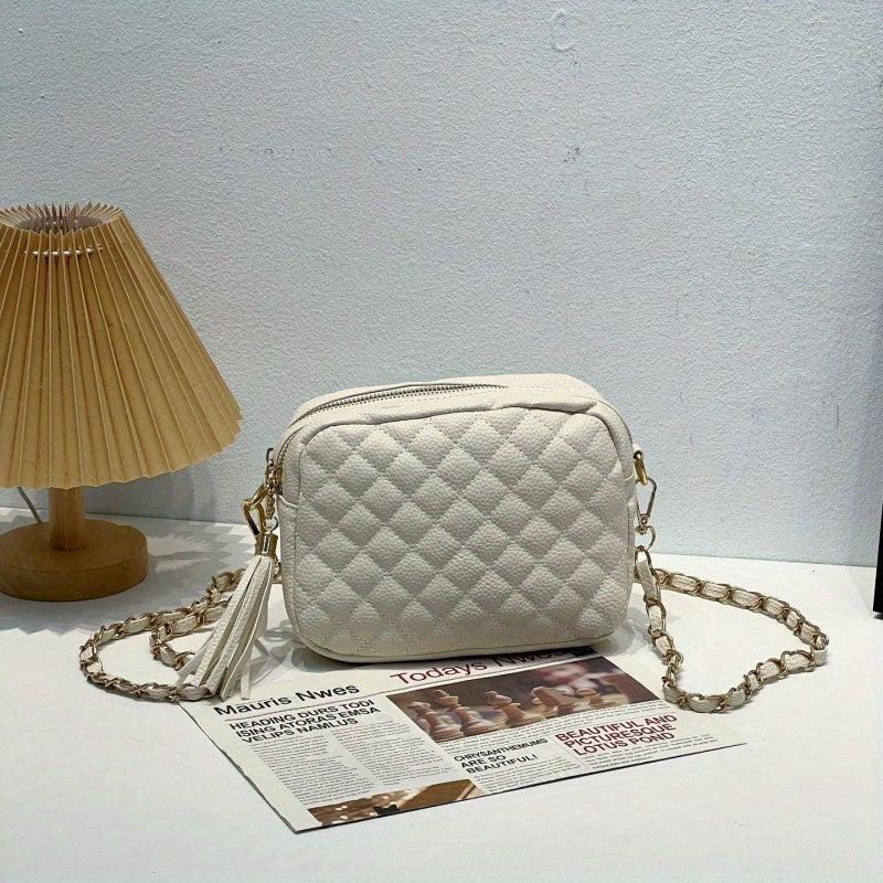 Argyle Quilted Crossbody Bag Chain Shoulder Bag Tassel Square Purse