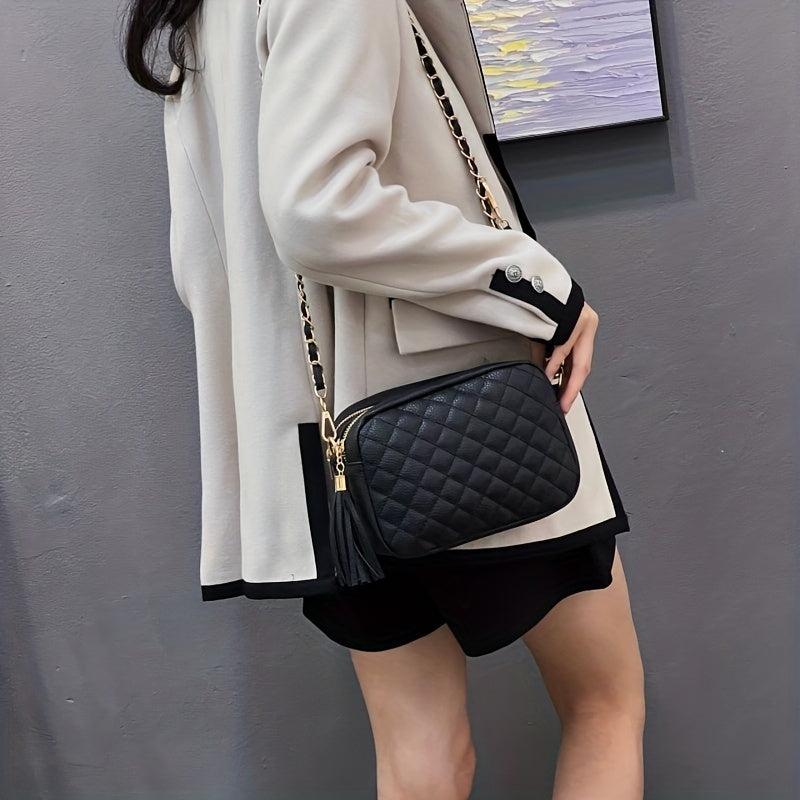 Argyle Quilted Crossbody Bag Chain Shoulder Bag Tassel Square Purse