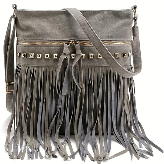 Vintage Tassel Crossbody Bag Studded Decor Ethnic Style Suede Purse