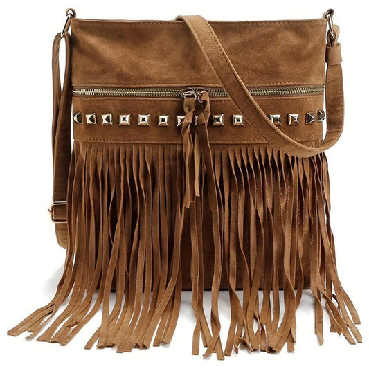 Vintage Tassel Crossbody Bag Studded Decor Ethnic Style Suede Purse