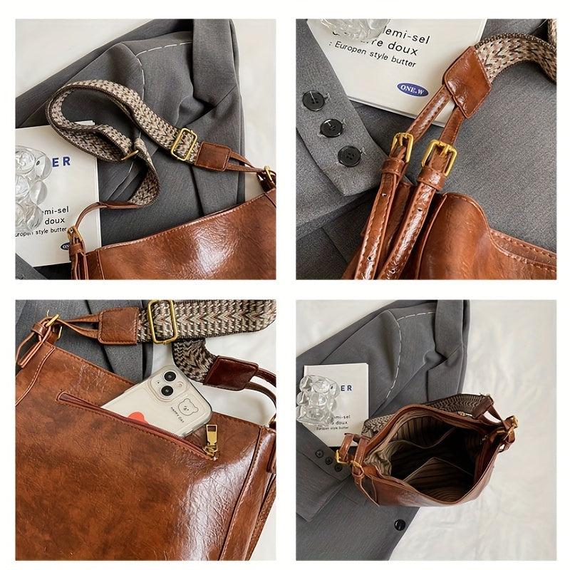 Vintage Solid Shoulder Bag Classic Crossbody Bag Retro Pattern Wide Strap