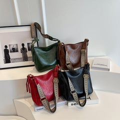 Vintage Solid Shoulder Bag Classic Crossbody Bag Retro Pattern Wide Strap