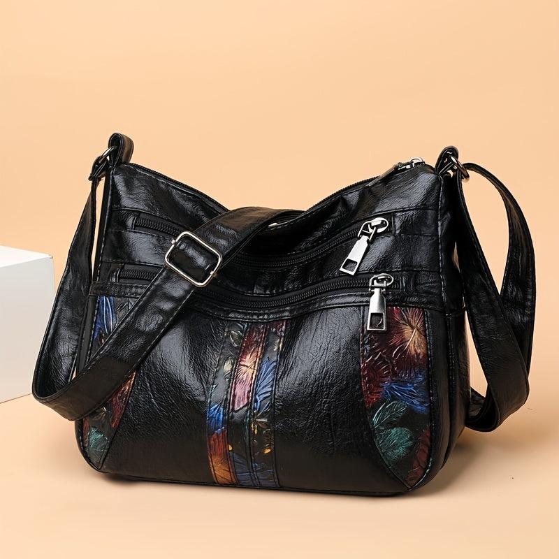 Flower Embossed Crossbody Bag Soft Leather Shoulder Purse