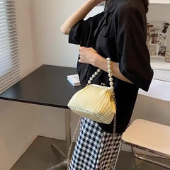 Pleated Pearl Metal Chain Crossbody Frame Shell Bag
