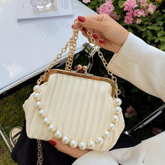 Pleated Pearl Metal Chain Crossbody Frame Shell Bag