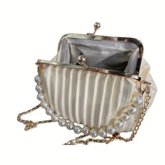 Pleated Pearl Metal Chain Crossbody Frame Shell Bag