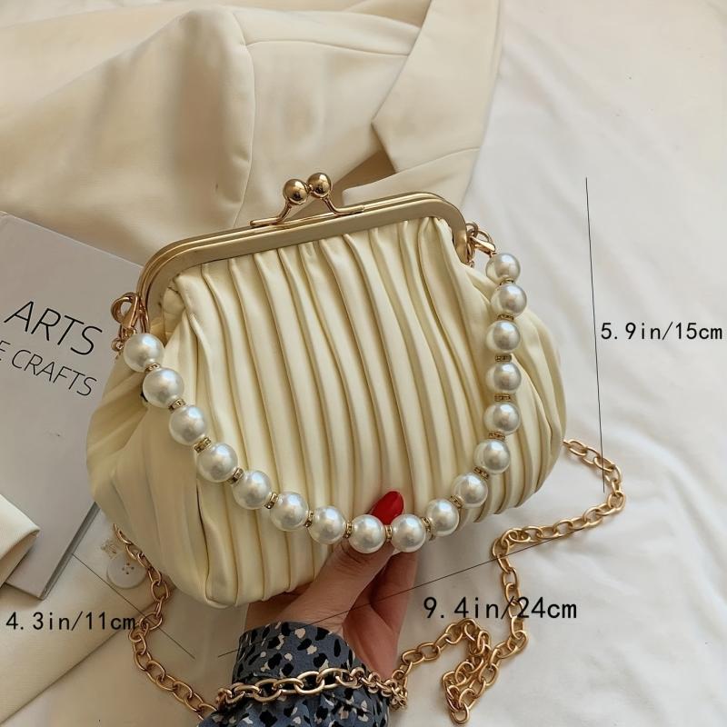 Pleated Pearl Metal Chain Crossbody Frame Shell Bag
