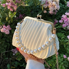 Pleated Pearl Metal Chain Crossbody Frame Shell Bag