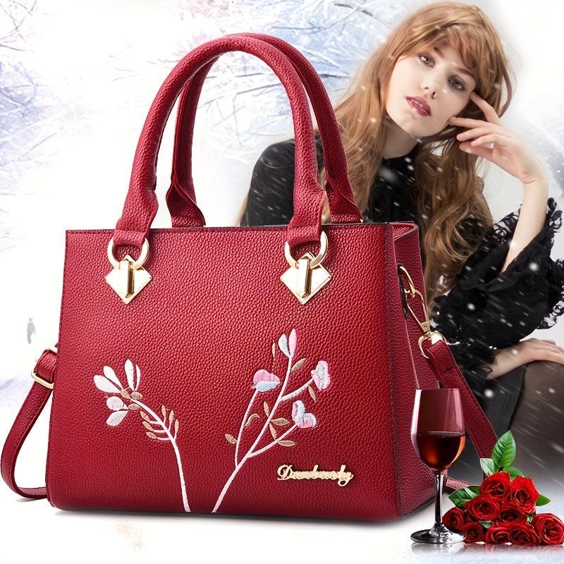 Flower Embroidery Crossbody Bag Top Handle Satchel Purse