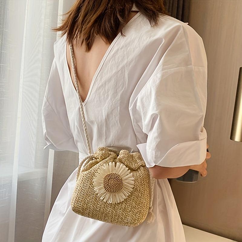 Straw Woven Bucket Crossbody Bag Boho Style Drawstring Purse