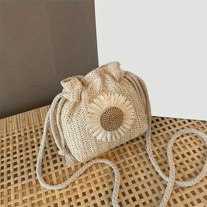 Straw Woven Bucket Crossbody Bag Boho Style Drawstring Purse