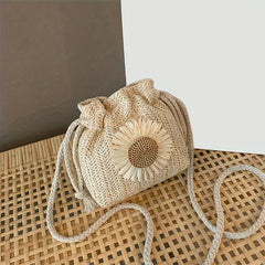 Straw Woven Bucket Crossbody Bag Boho Style Drawstring Purse