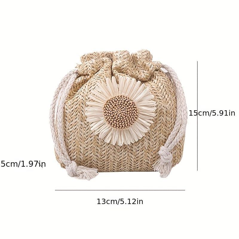 Straw Woven Bucket Crossbody Bag Boho Style Drawstring Purse